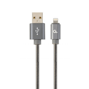 CABLE DE DATOS Y CARGA PREMIUM GEMBIRD 8 PINES METAL EN ESPIRAL, 1 M, GRIS CC-USB2S-AMLM-1M-BG