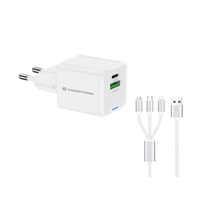 CARGADOR DE PARED CONCEPTRONIC USB-C x1 USB-Ax1 QUICKCHARGE 3.0 GaN PPS 33W INCLUYE CABLE 3-1 BLANCO ALTHEA16W